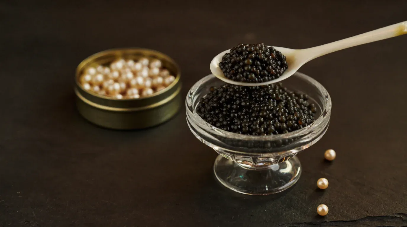 Lata de caviar junto a un cuenco de cristal con huevas y perlas, sobre pizarra
