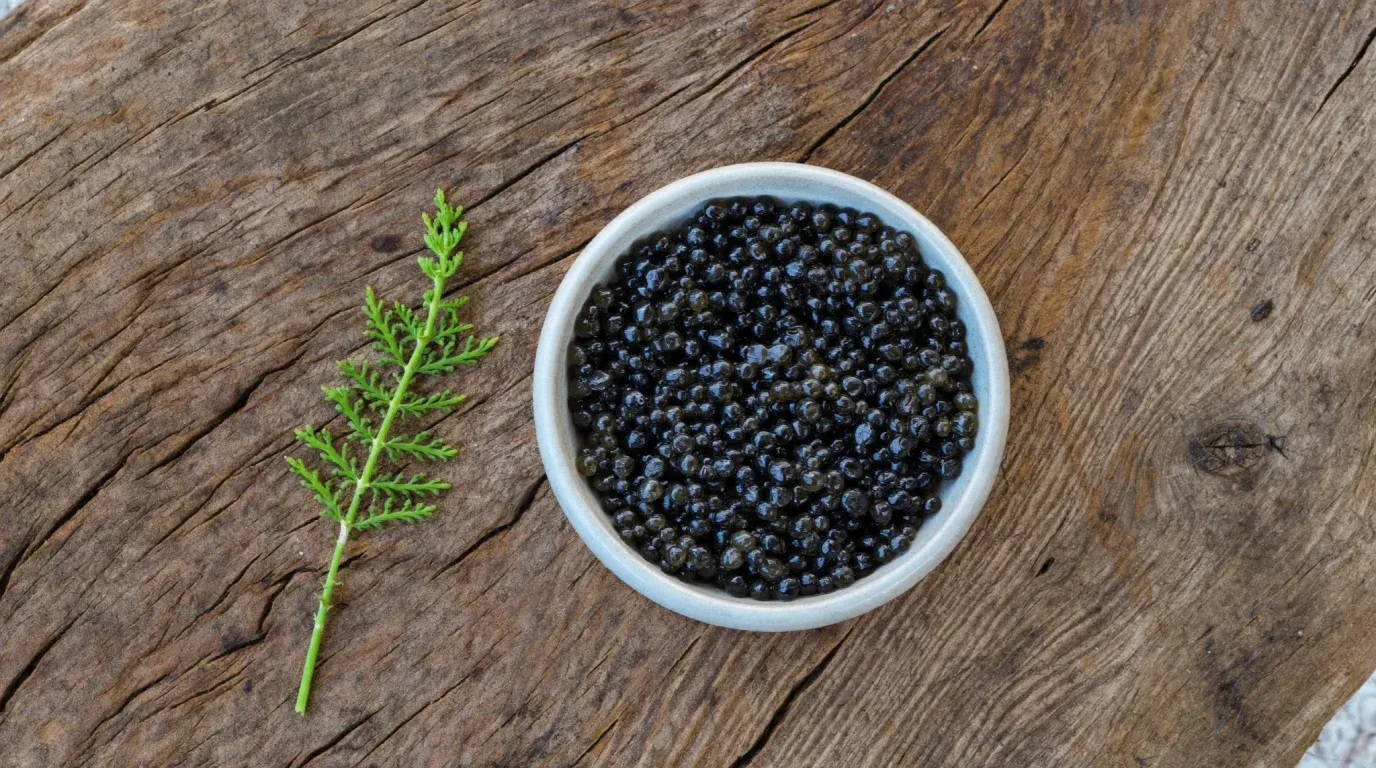Cuenco de caviar sobre madera rústica con una rama de eneldo
